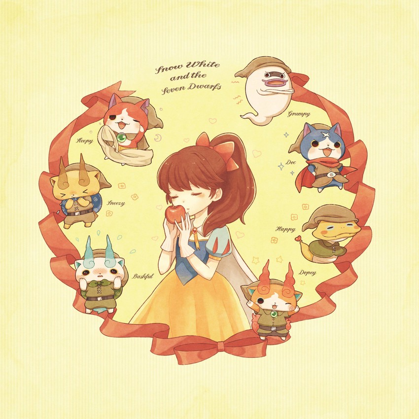 jibanyan, komasan, whisper, snow white, kodama fumika, and 4 more (youkai watch and 2 more) drawn by kanacho