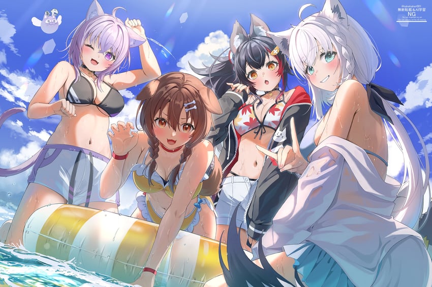shirakami fubuki, nekomata okayu, ookami mio, inugami korone, listener, and 2 more (hololive) drawn by kakeru_(kakekaker001)