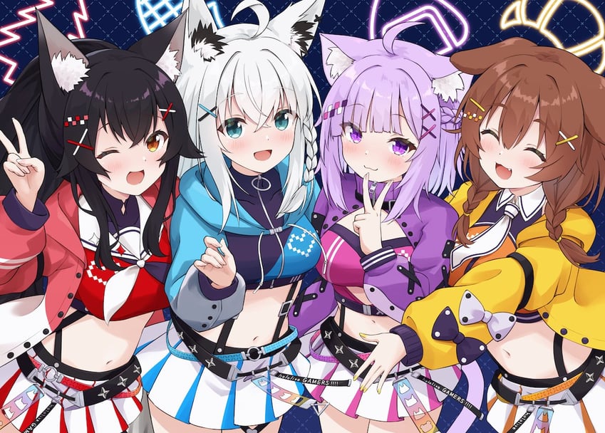 shirakami fubuki, nekomata okayu, ookami mio, and inugami korone (hololive) drawn by minazuki_mizu