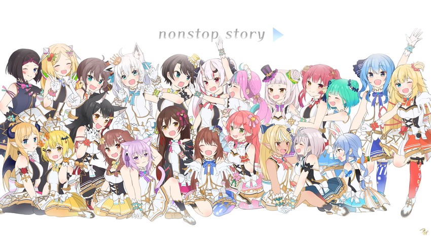 houshou marine, shirakami fubuki, hoshimachi suisei, usada pekora, nekomata okayu, and 19 more (hololive) drawn by moonbell
