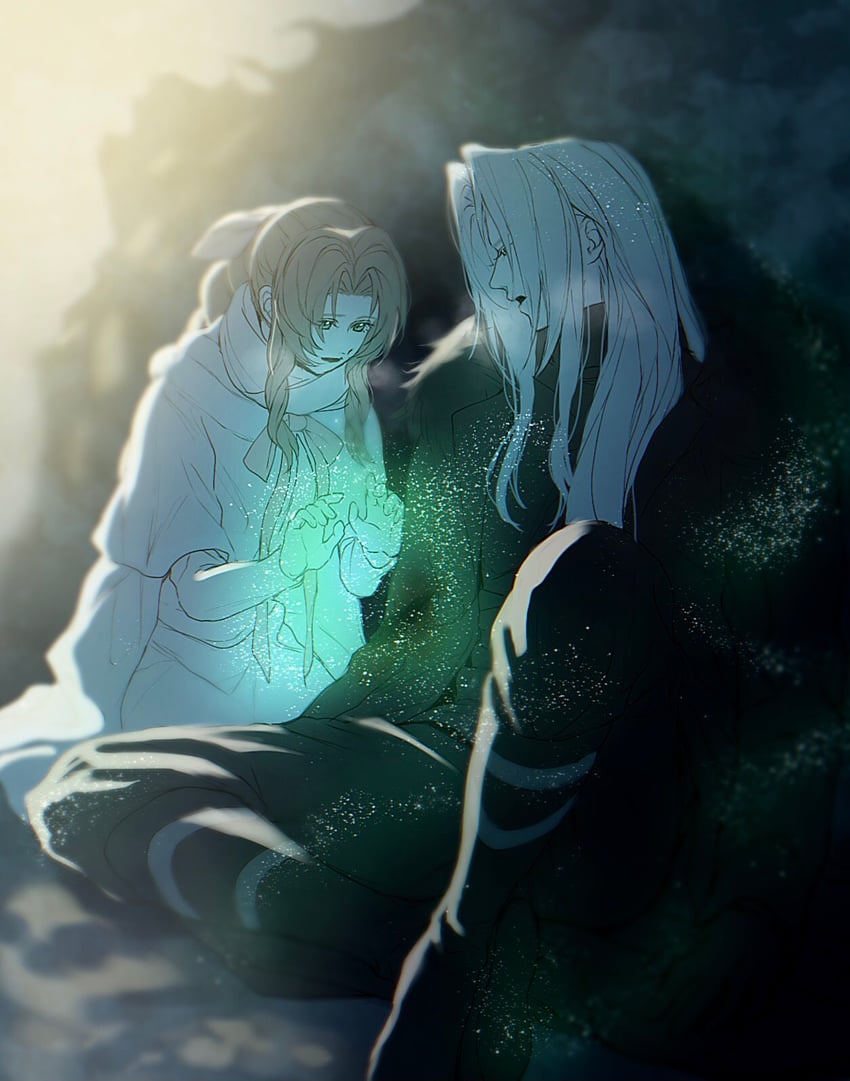 aerith gainsborough and sephiroth (final fantasy and 2 more) drawn by 0_ebj