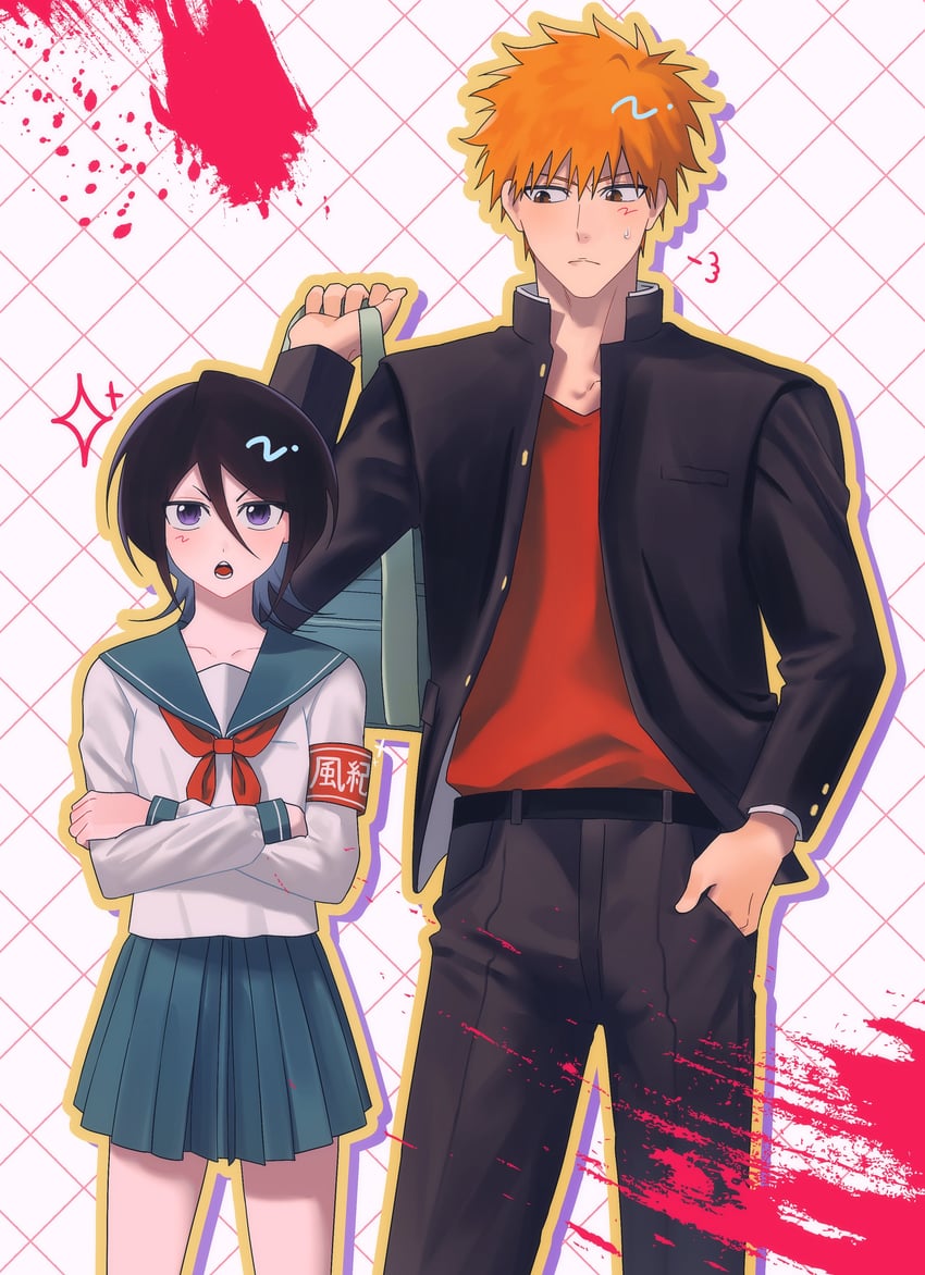 kuchiki rukia and kurosaki ichigo (bleach) drawn by gwao_(_ul_13)