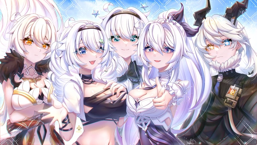 kiana kaslana, kugimiya rie, unknown god, and sunbringer (genshin impact and 5 more) drawn by cutescookie
