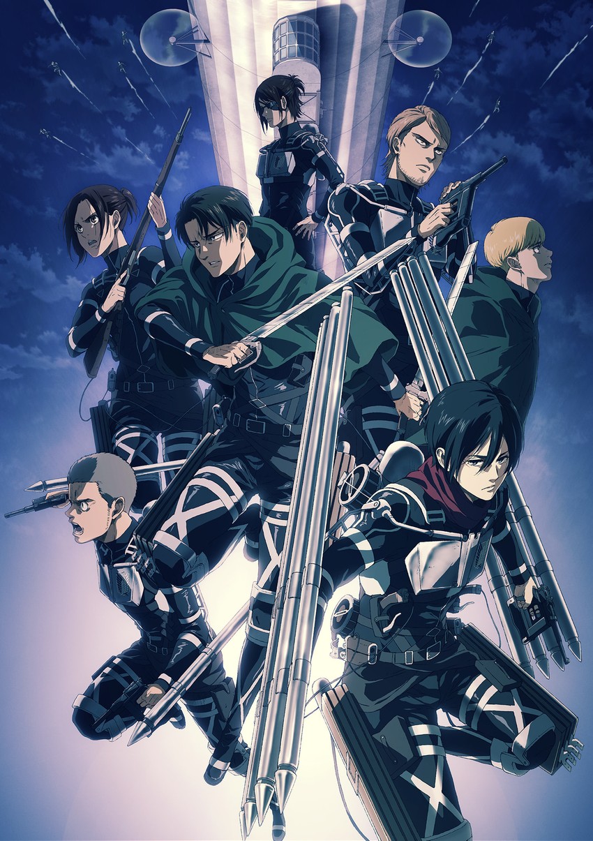 mikasa ackerman, levi, armin arlert, hange zoe, sasha blouse, and 2 more (shingeki no kyojin) drawn by kishi_tomohiro