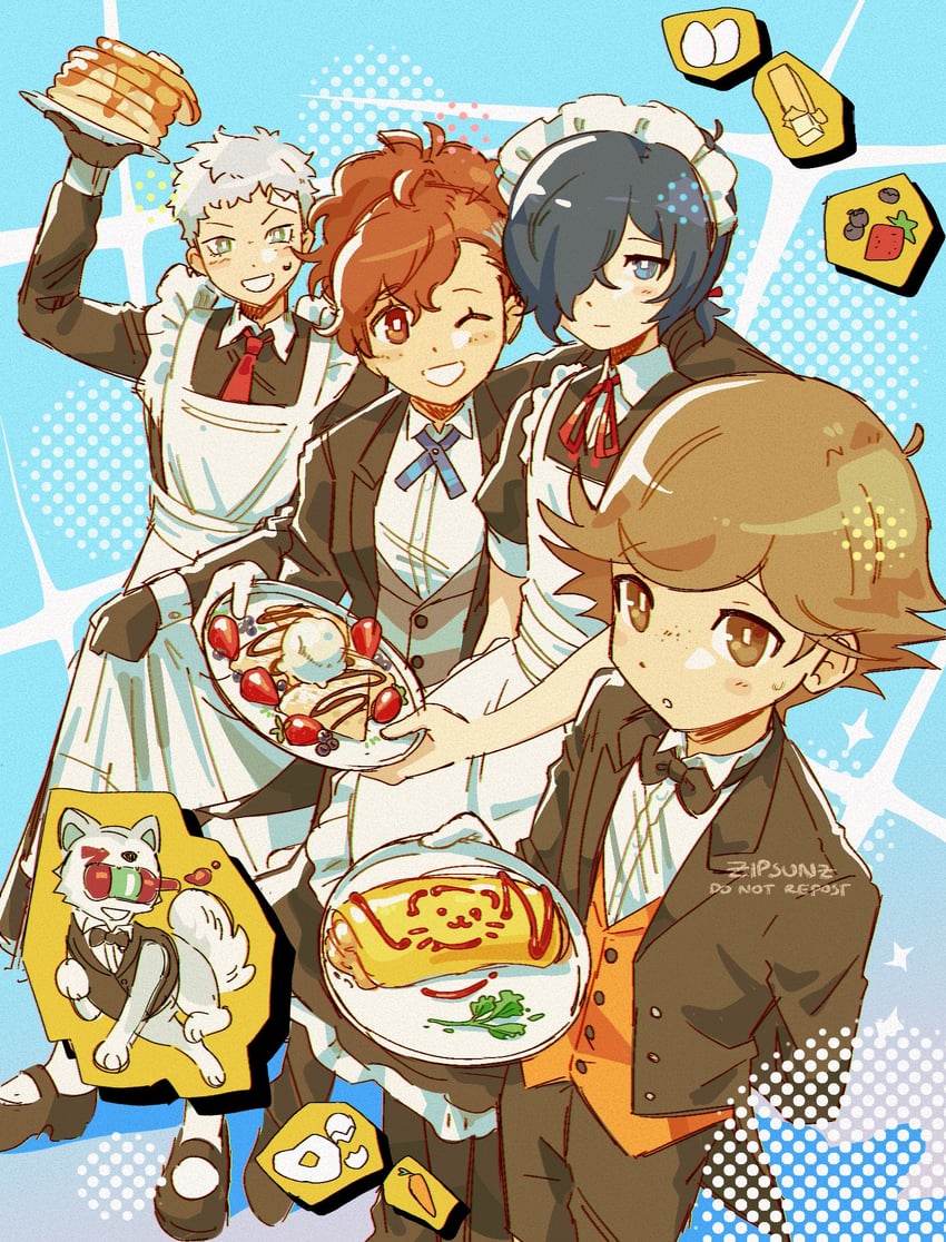 yuuki makoto, shiomi kotone, sanada akihiko, amada ken, and koromaru (persona and 2 more) drawn by zipsunz
