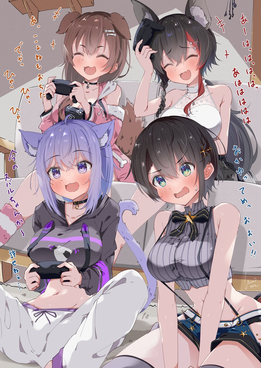 nekomata okayu, ookami mio, oozora subaru, and inugami korone (hololive) drawn by kuno_(kc9s)
