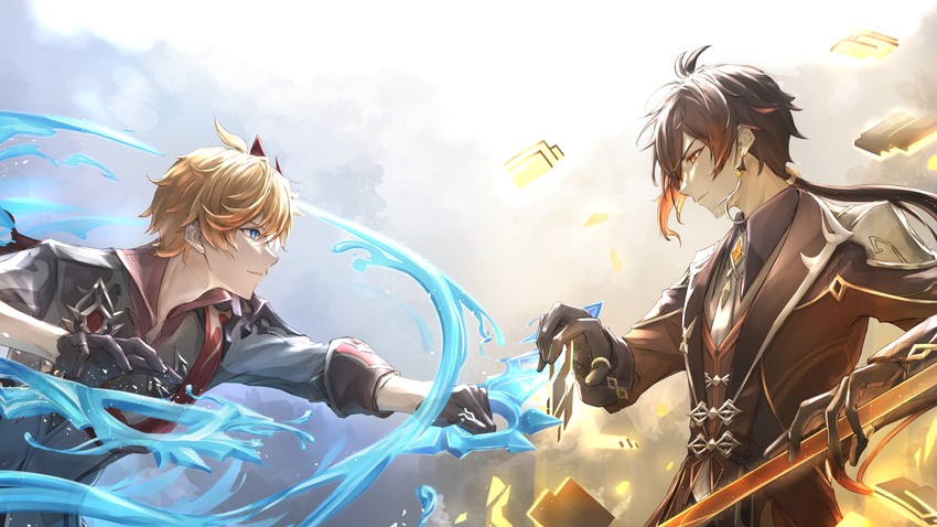 zhongli and tartaglia (genshin impact) drawn by fuyuni0307