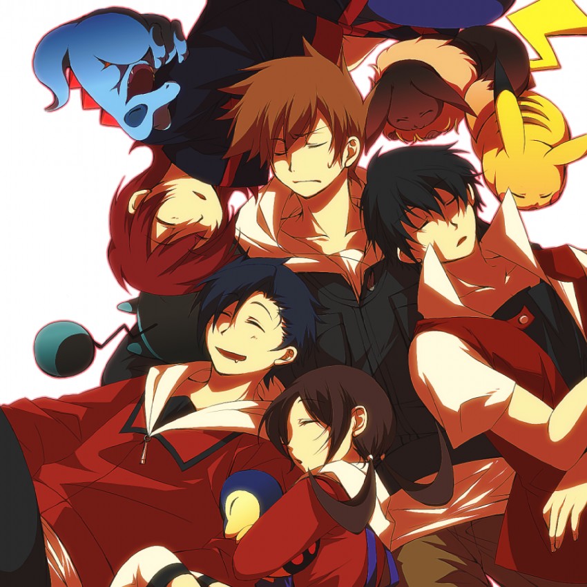pikachu, red, eevee, ethan, blue oak, and 5 more (pokemon and 2 more) drawn by mogiko