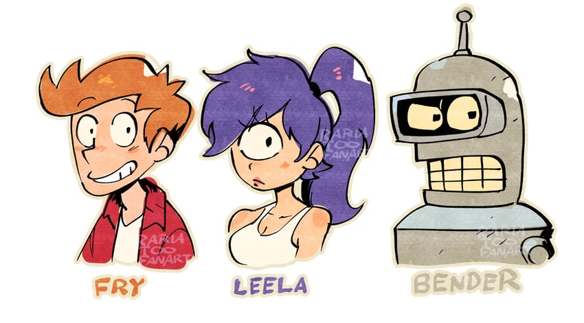 bender bending rodriguez, philip j fry, and turanga leela (futurama) drawn by rariatto_(ganguri)