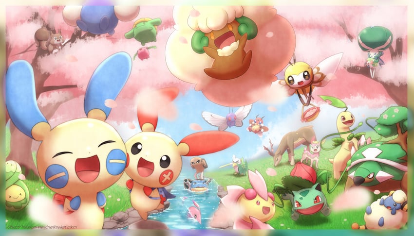 ivysaur, shaymin, blastoise, whimsicott, hoppip, and 19 more (pokemon) drawn by poket_mkrn