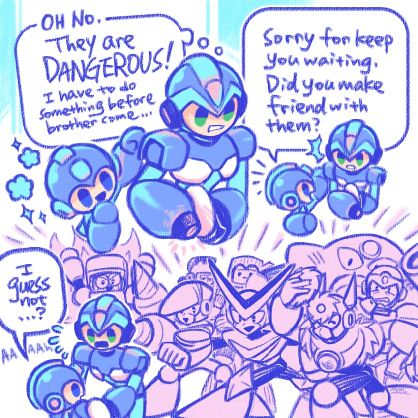 x, mega man, quick man, metal man, air man, and 5 more (mega man and 2 more) drawn by laser-lance