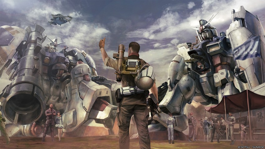 gundam gp-02 physalis, gundam gp-01 zephyranthes, medea, tenda begin, neidhardt heidegger, and 3 more (gundam and 1 more) drawn by tenjin_hidetaka