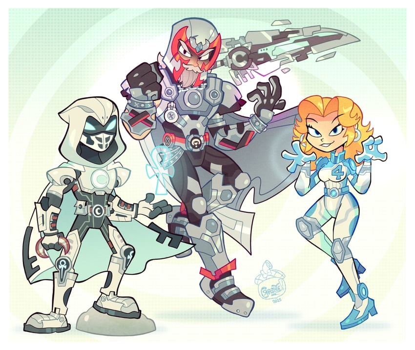 sue storm, magneto, and moon knight (marvel and 3 more) drawn by crashie