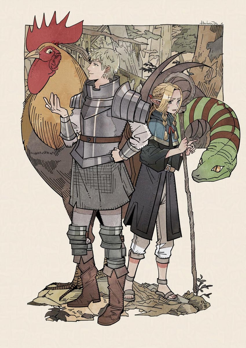 marcille donato and laios touden (dungeon meshi) drawn by herheim