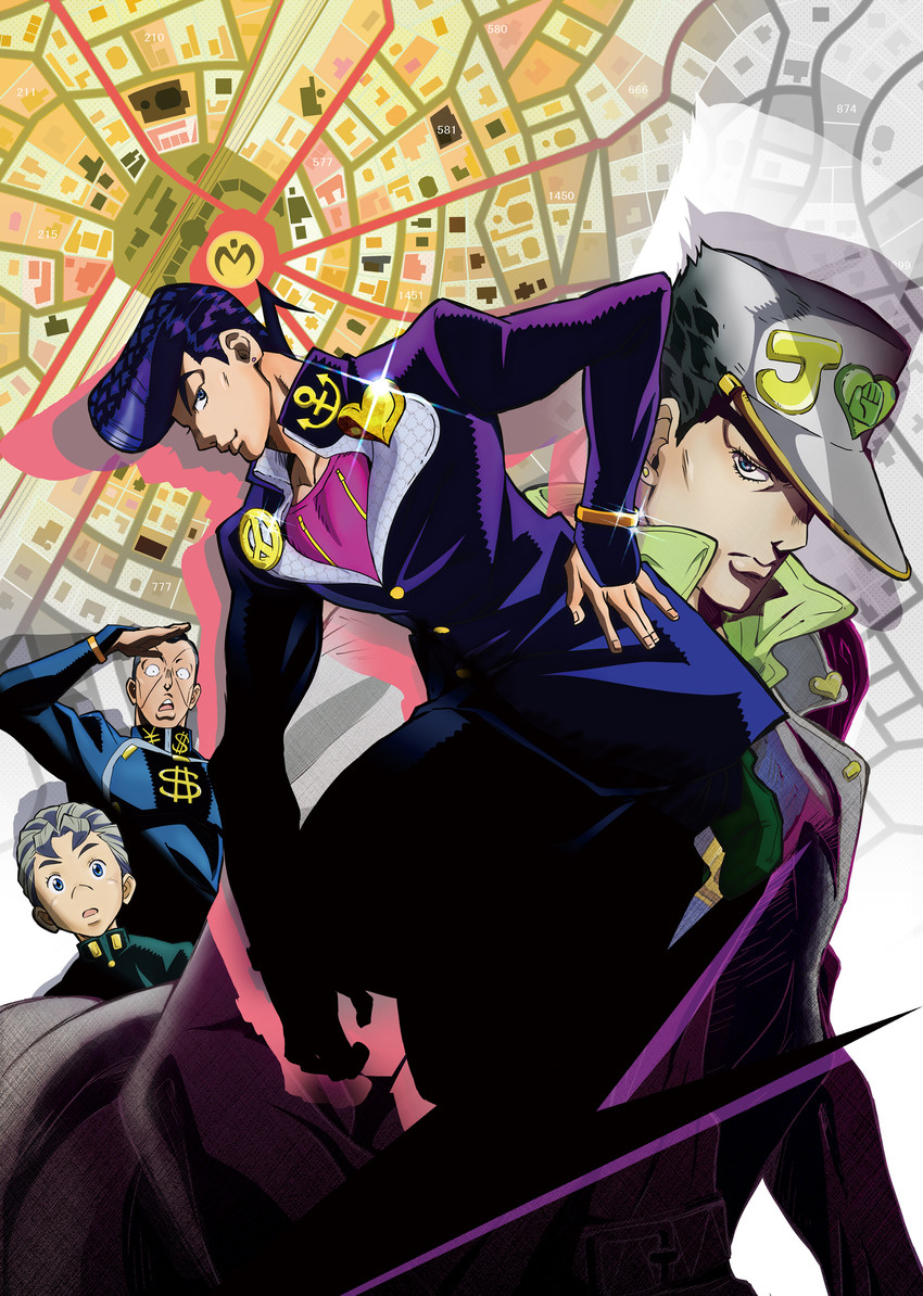 kujo jotaro, higashikata josuke, nijimura okuyasu, and hirose koichi (jojo no kimyou na bouken and 1 more) drawn by nishii_terumi