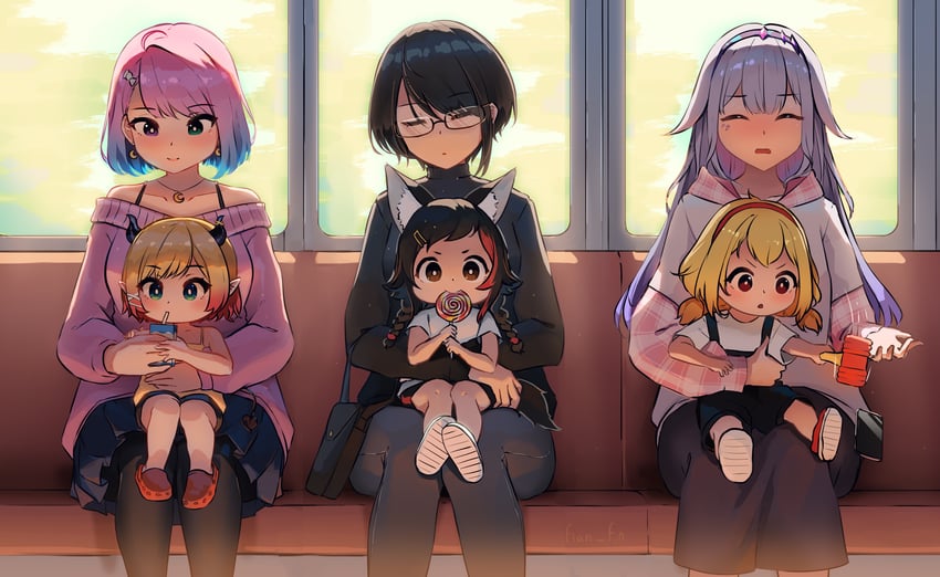 ookami mio, oozora subaru, koseki bijou, himemori luna, yuzuki choco, and 2 more (hololive and 2 more) drawn by fian_f.n