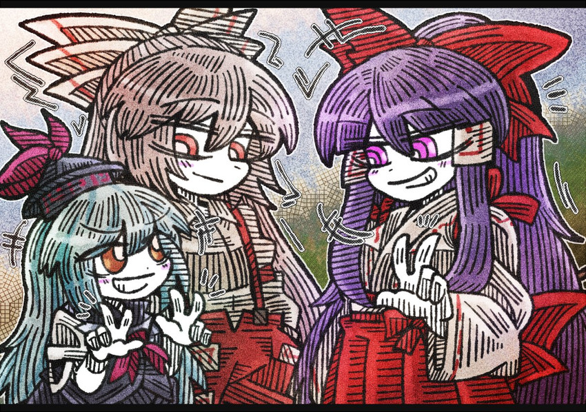 hakurei reimu, fujiwara no mokou, and kamishirasawa keine (touhou) drawn by suenari_(peace)