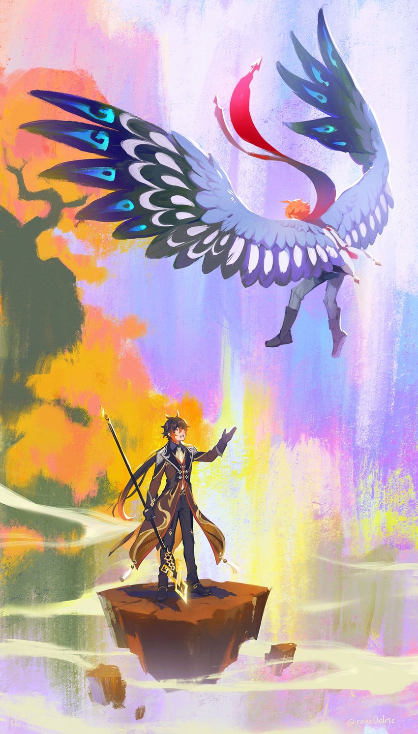 zhongli and tartaglia (genshin impact) drawn by reneelric