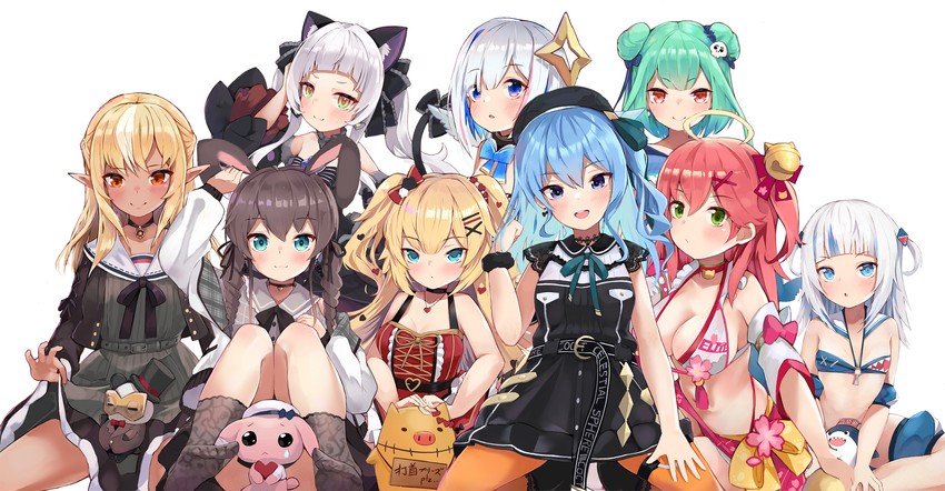 gawr gura, hoshimachi suisei, sakura miko, amane kanata, murasaki shion, and 7 more (hololive and 1 more) drawn by kobi_(piliheros2000)