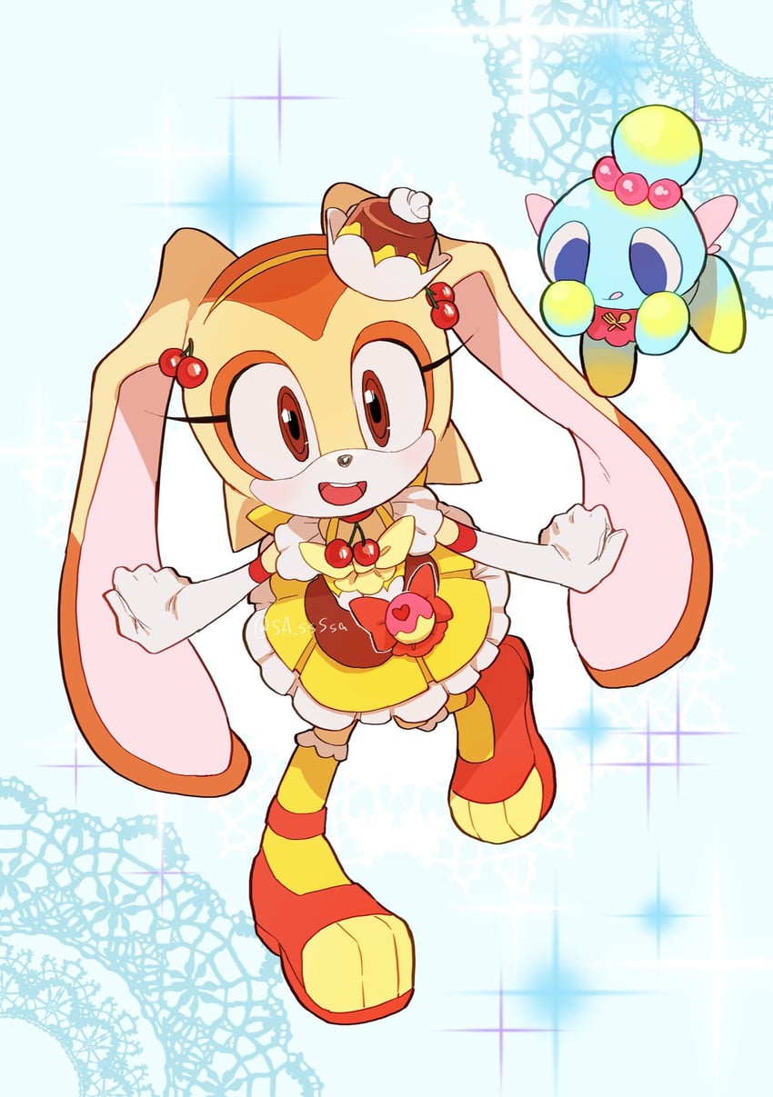 cream the rabbit, neutral chao, cheese, cure custard, and pekorin (precure and 2 more) drawn by konjiki_ringo
