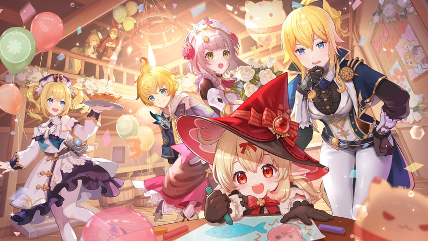 lumine, aether, barbara, jean, amber, and 5 more (genshin impact) drawn by nyansan_oekaki