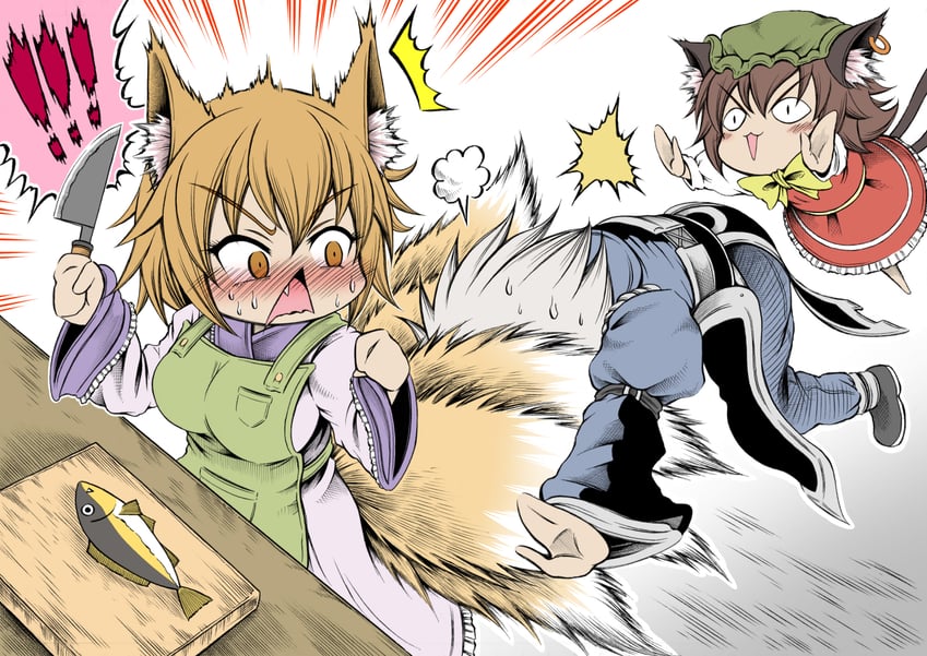 yakumo ran, chen, and morichika rinnosuke (touhou) drawn by hidefu_kitayan