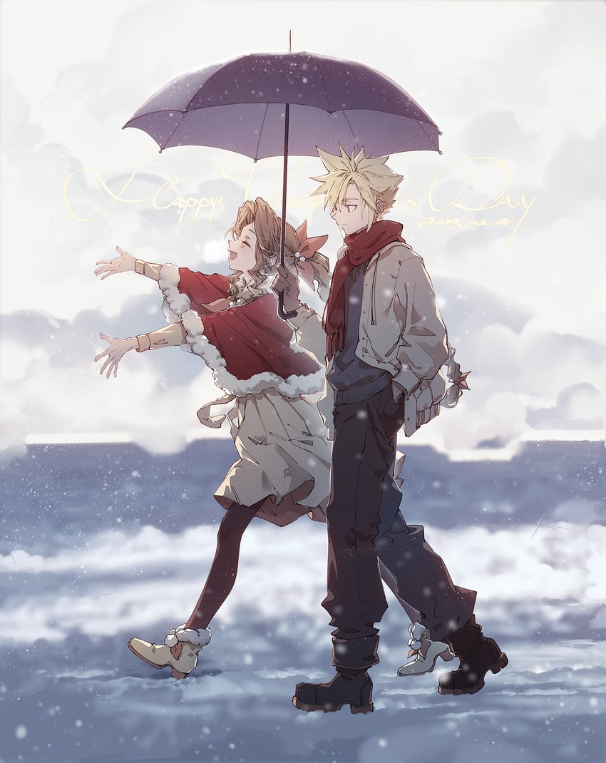 cloud strife and aerith gainsborough (final fantasy and 1 more) drawn by kieta