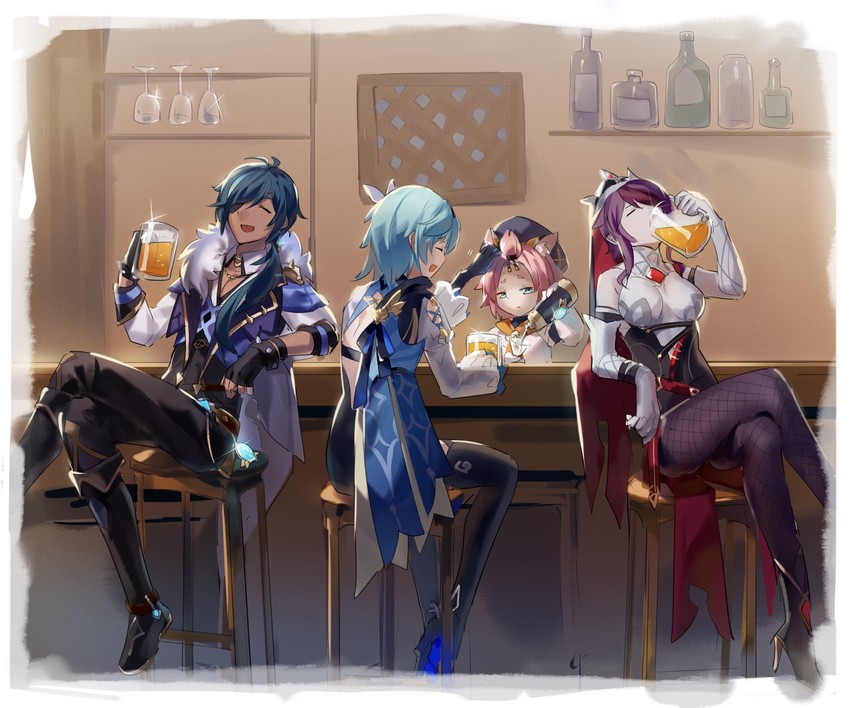 eula, kaeya, rosaria, and diona (genshin impact) drawn by grape_(grapedraws)