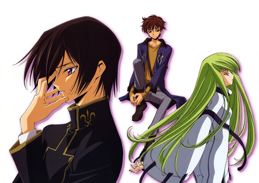 c.c., lelouch vi britannia, and kururugi suzaku (code geass)