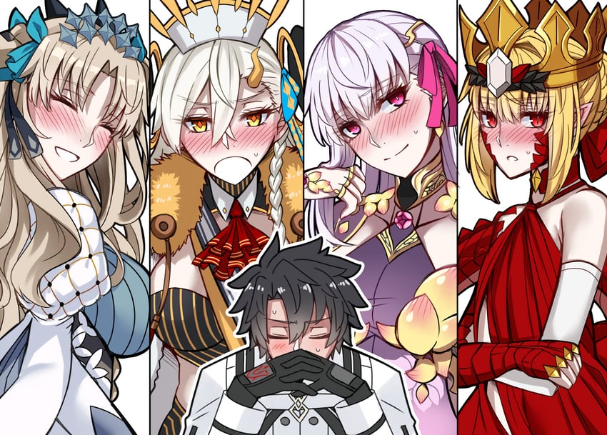 fujimaru ritsuka, nero claudius, ereshkigal, kama, olga marie animusphere, and 3 more (fate and 1 more) drawn by sanmoto_gorouzaemon