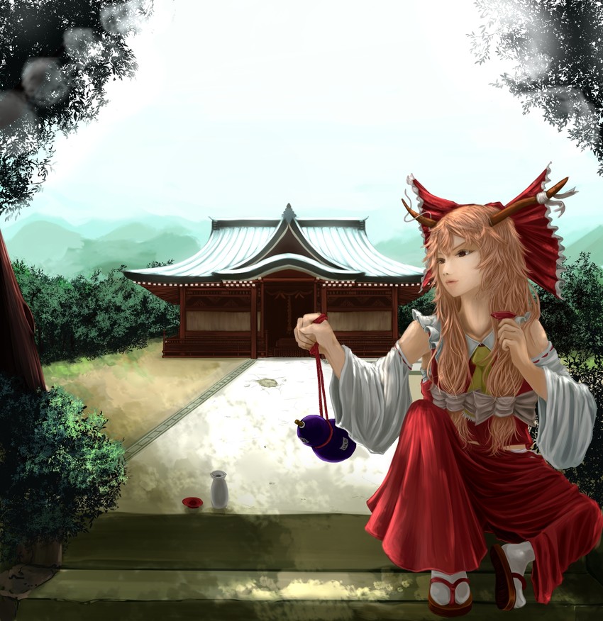 hakurei reimu and ibuki suika (touhou) drawn by chaki_(emeraldia)