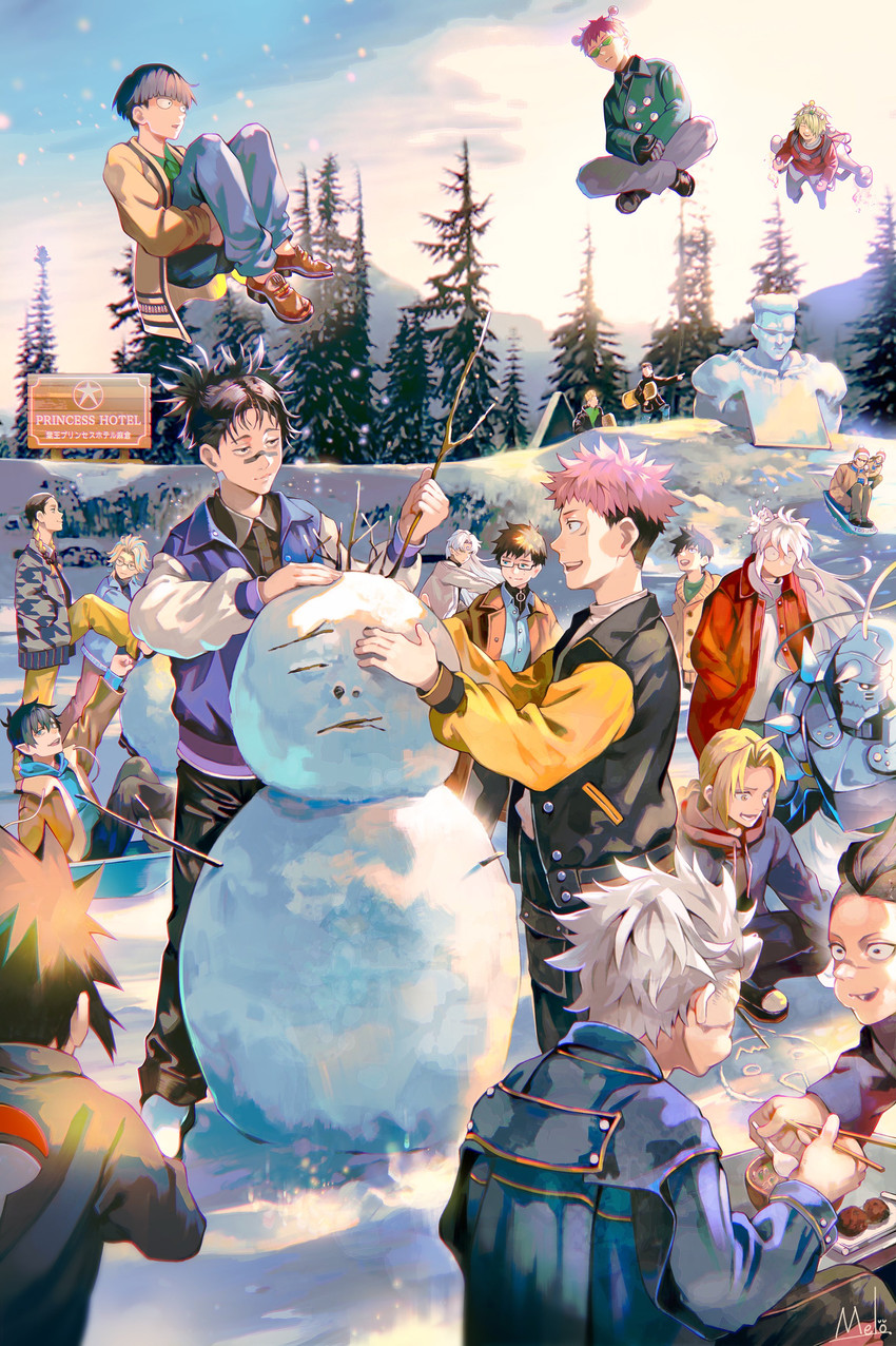 itadori yuuji, uchiha sasuke, edward elric, kageyama shigeo, alphonse elric, and 17 more (jojo no kimyou na bouken and 11 more) drawn by kyuuba_melo