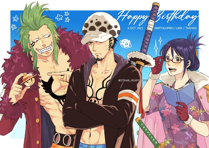 trafalgar law, tashigi, and bartolomeo (one piece) drawn by z_hard