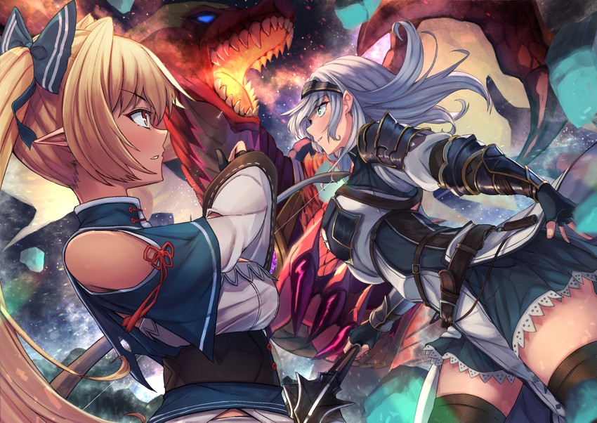 shirogane noel and shiranui flare (hololive) drawn by amane_sora