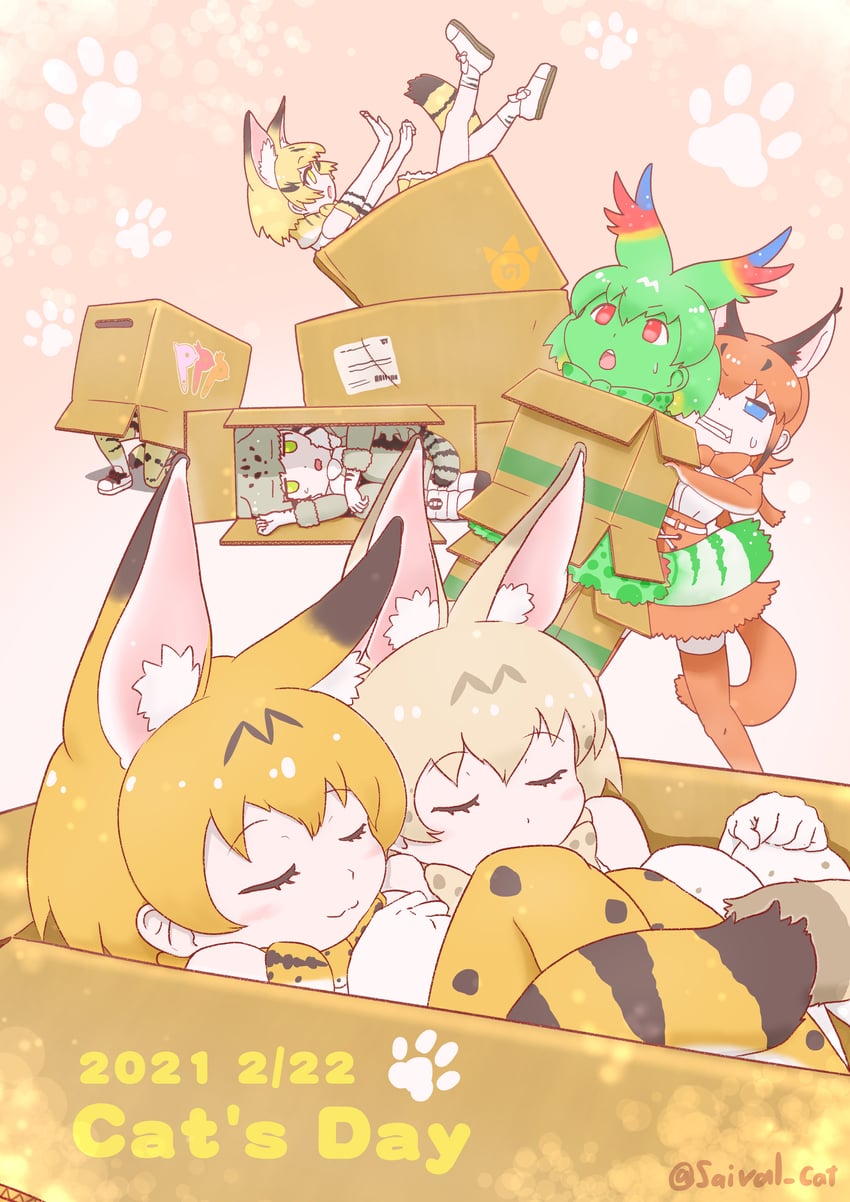 serval, caracal, sand cat, margay, white serval, and 1 more (kemono friends and 1 more) drawn by saival_cat