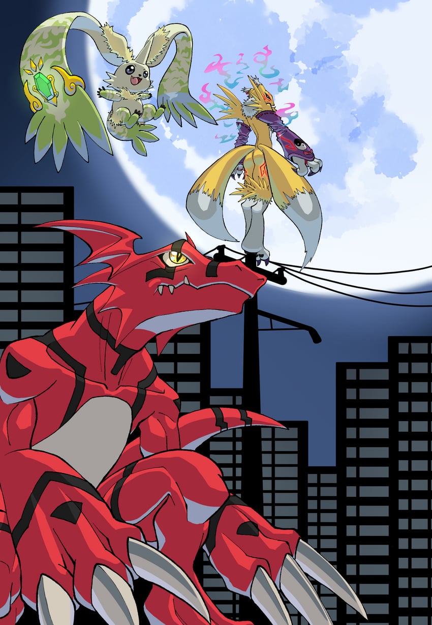 renamon, terriermon, guilmon, guilmon x-antibody, terriermon x, and 1 more (digimon and 1 more) drawn by laser_(akirawai)