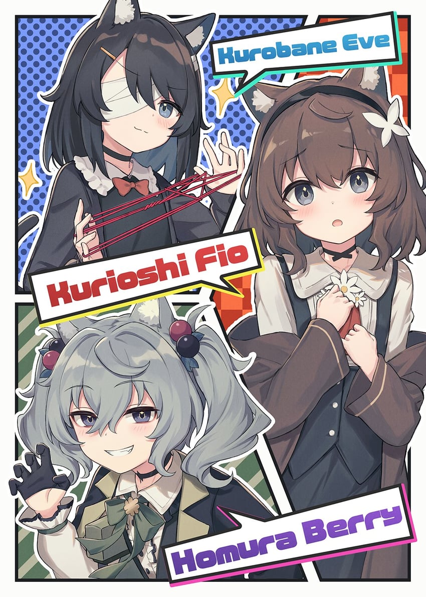kurioshi fio, kurobane eve, and homura berry (original) drawn by satou_(3366_s)