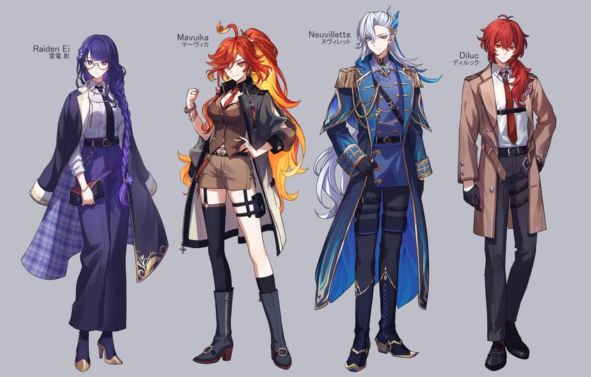 raiden shogun, diluc, neuvillette, and mavuika (genshin impact) drawn by aoiro_oto