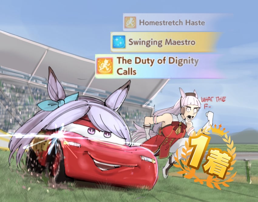gold ship, mejiro mcqueen, and lightning mcqueen (umamusume and 1 more) drawn by littleclevie