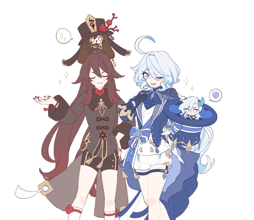 hu tao, furina, zhongli, and neuvillette (genshin impact) drawn by saden_meow