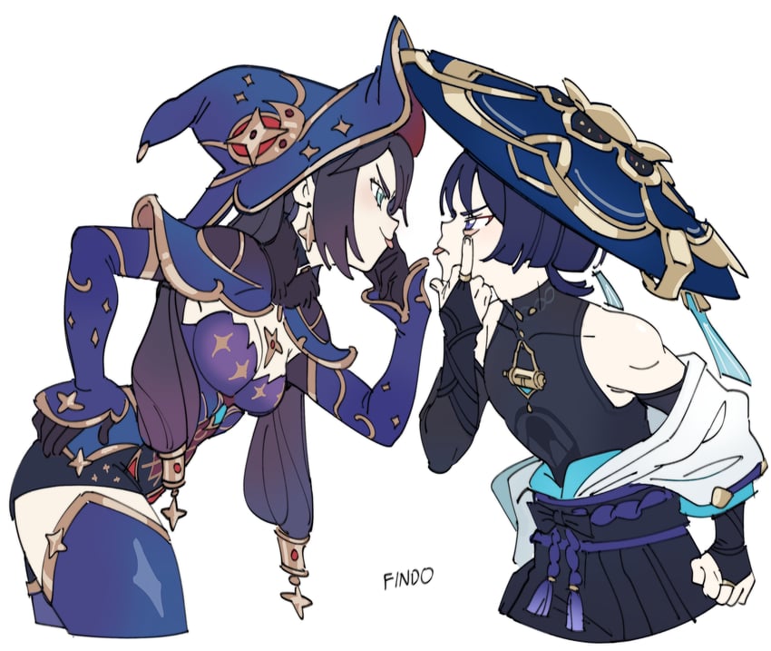 scaramouche, wanderer, and mona (genshin impact) drawn by findoworld