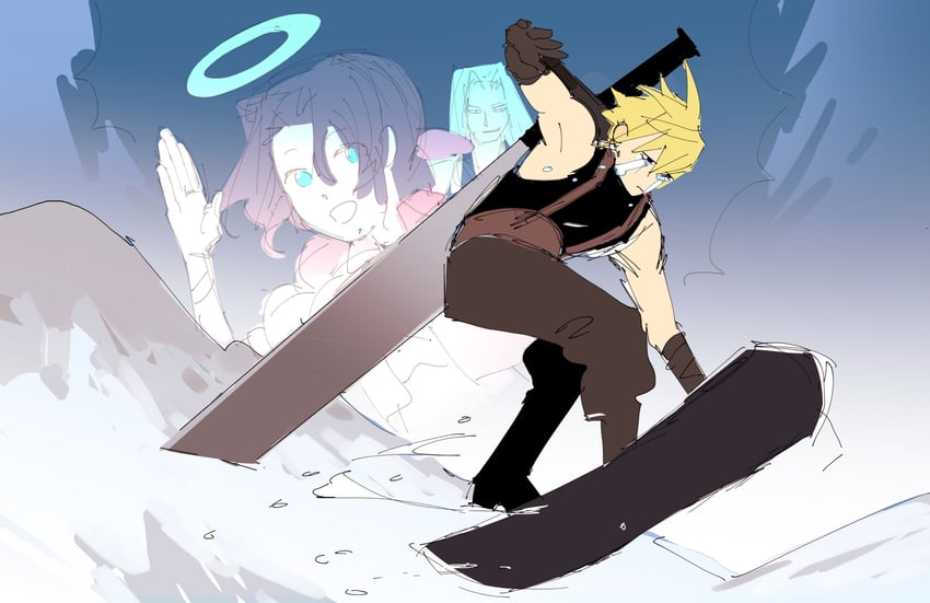 cloud strife, aerith gainsborough, and sephiroth (final fantasy and 1 more) drawn by j.r._doyle