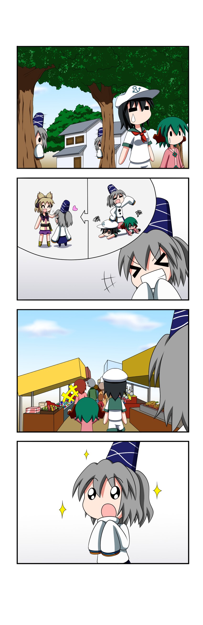 toyosatomimi no miko, mononobe no futo, murasa minamitsu, and kasodani kyouko (touhou) drawn by rakugaki-biyori