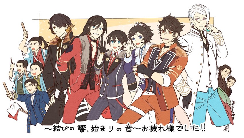 yamato-no-kami yasusada, izumi-no-kami kanesada, horikawa kunihiro, mutsu-no-kami yoshiyuki, nagasone kotetsu, and 6 more (touken ranbu and 1 more) drawn by nitaka_(fujikichi)
