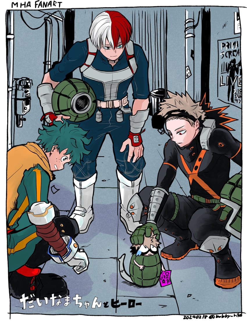 midoriya izuku, bakugou katsuki, todoroki shoto, and dynamy (boku no hero academia) drawn by bobby_riko