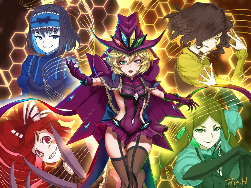 carol malus dienheim, garie tuman, micha jawkan, phara suyuf, and leiur darahim (senki zesshou symphogear) drawn by jonathan_h