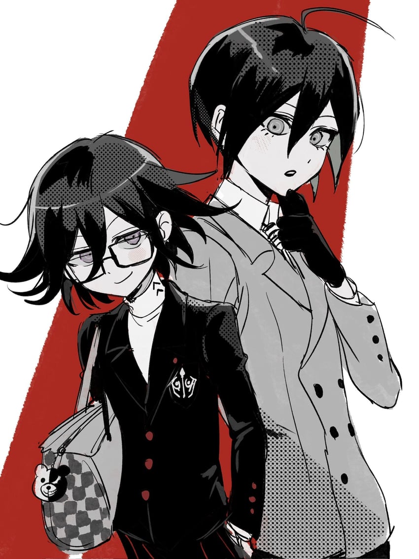 oma kokichi, saihara shuichi, amamiya ren, monokuma, and akechi gorou (danganronpa and 3 more) drawn by usagi_mi_nagi