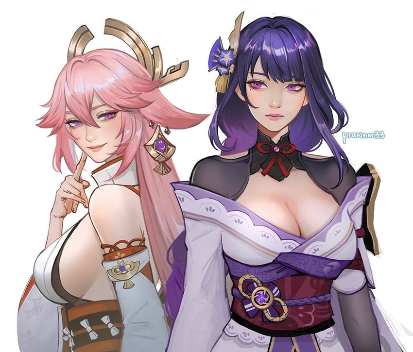 raiden shogun and yae miko (genshin impact) drawn by mistermagnolia