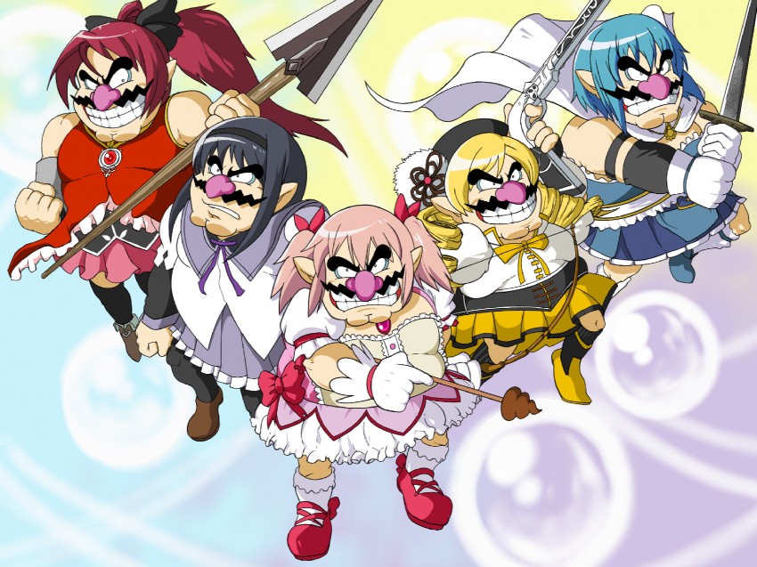 akemi homura, kaname madoka, miki sayaka, sakura kyoko, tomoe mami, and 1 more (mahou shoujo madoka magica and 1 more) drawn by nakagawa_rui
