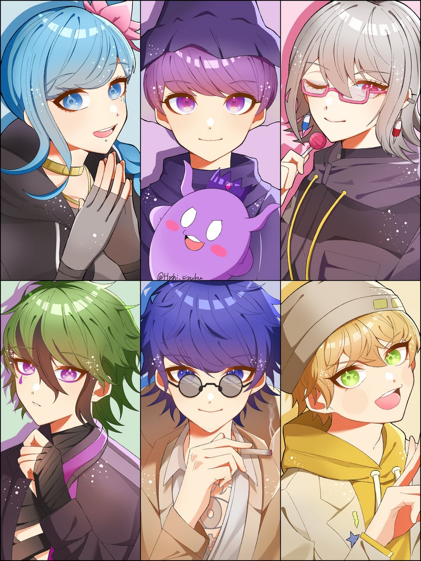 yuma kokohead, shinigami, halara nightmare, vivia twilight, desuhiko thunderbolt, and 2 more (master detective archives: rain code) drawn by hoshi_no_shizuku
